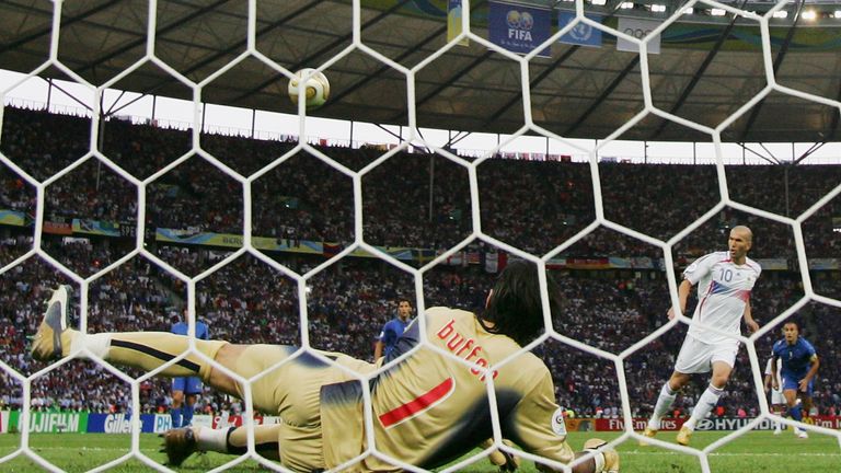 BERLIN - JULY 9:  Zinedine Zidane of France scores the opening goal  from the penalty spot past Gianluigi Buffon of Italy during the 2006 World Cup final 