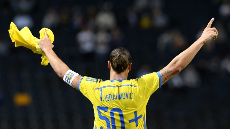 Sweden's forward and team captain Zlatan Ibrahimovic celebrates after scoring his second goal of the match and his 50th goal for his national team and by t