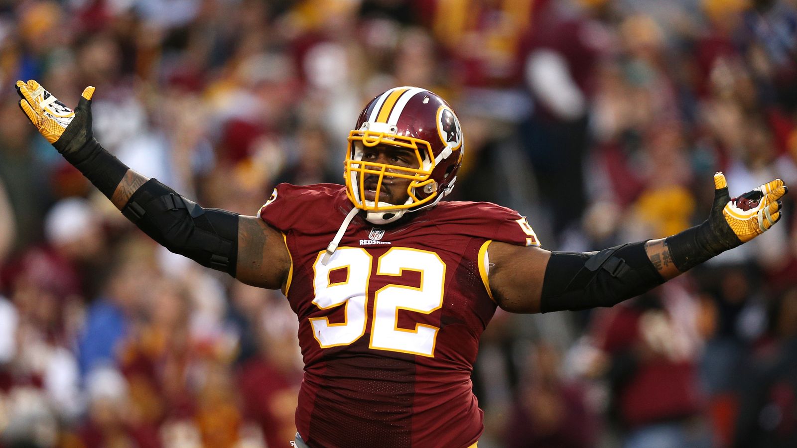 December 26, 2015: Washington Redskins defensive end Chris Baker (92)  reacts to getting his NFC East Champions hat during the NFL game between  the Washington Redskins and the Philadelphia Eagles at Lincoln