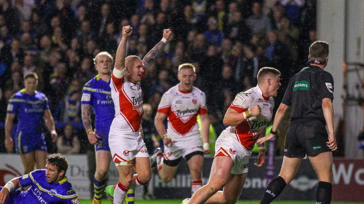 St Helens' Morgan Knowles celebrates his try.