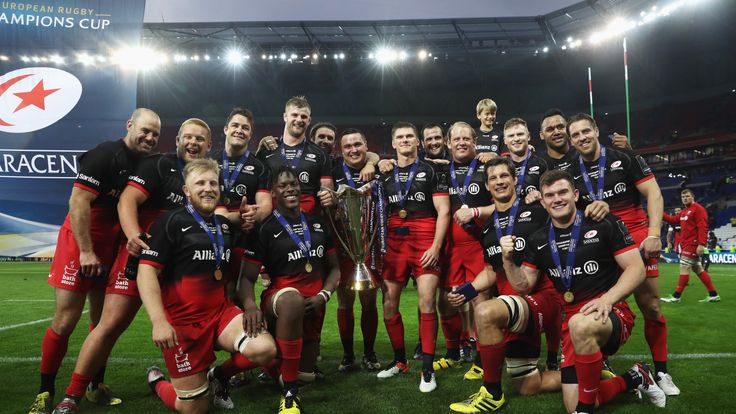 LYON, FRANCE - MAY 14:  Saracens players celebrate with the trophy after winning the European Rugby Champions Cup Final match between Racing 92 and Saracen