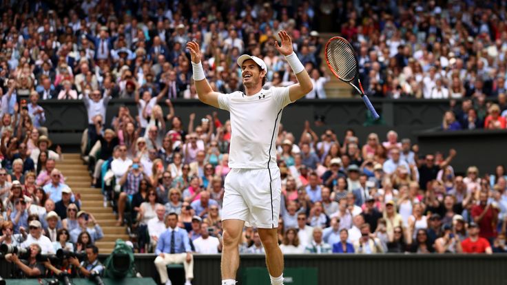 Andy Murray  celebrates victory during the Men's Singles Final against Milos Raonic at Wimbledon