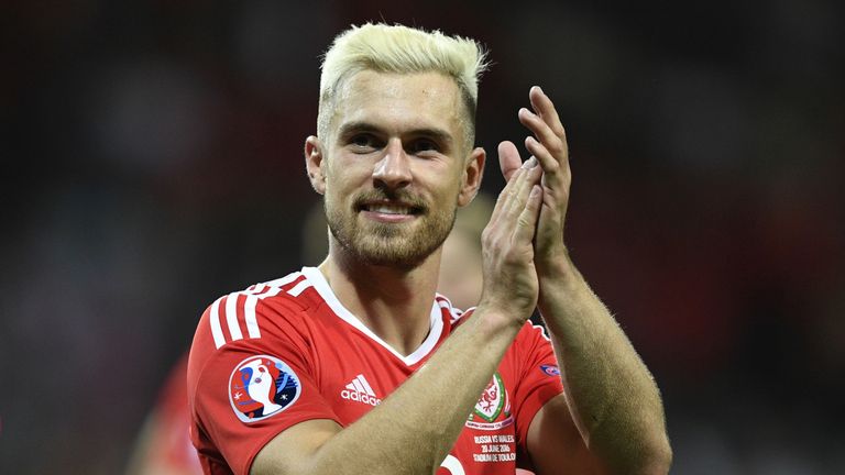 Wales' midfielder Aaron Ramsey, who scored the team's first goal, celebrates their 3-0 win in the Euro 2016 group B football match between Russia and Wales
