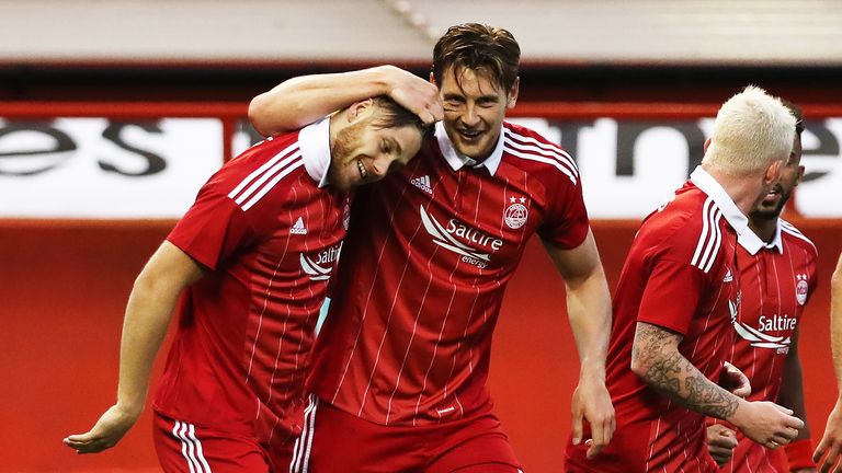 ABERDEEN, SCOTLAND - JULY 14:  Wes Burns of Aberdeen celebrates after he scores during the UEFA Europa league second qualifying round, first leg match betw