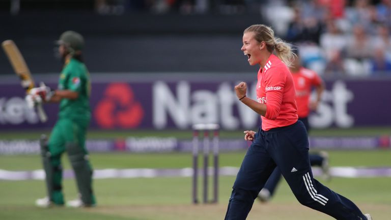 Alex Hartley of England celebrates the wicket of Iram Javed of Pakistan during the 3rd Natwest International T20