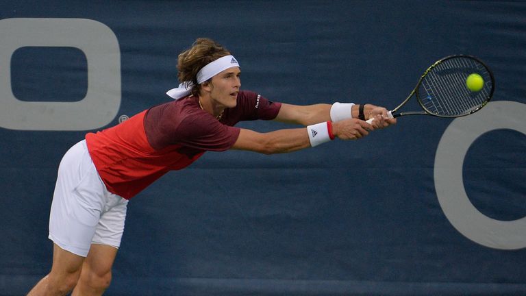 WASHINGTON, DC - JULY 23:  Alexander Zverev of Germany returns a shot during his 6-4, 6-0 loss to Gael Monfils of France in the semifinals of the Citi Open
