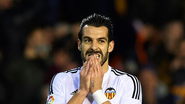 VALENCIA, SPAIN - JANUARY 03: Alvaro Negredo of Valencia reacts as he fails to score during the La Liga match between Valencia CF and Real Madrid CF at Est