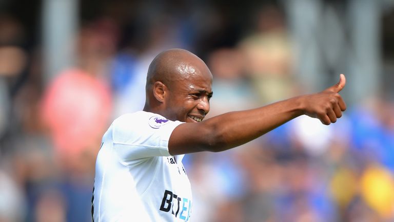 Andre Ayew gives the thumbs-up after setting Swansea on their way against Bristol Rovers