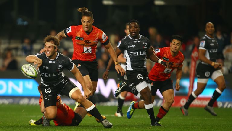 Andre Esterhuizen looks to offload as the Sharks overcome the Sunwolves