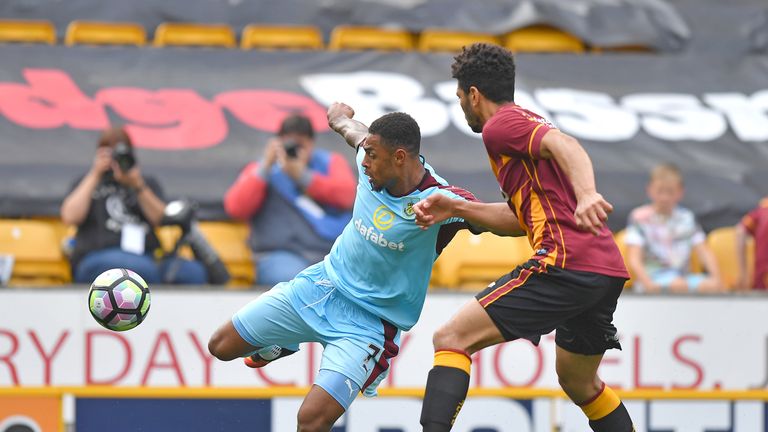 Burnley's Andre Gray battles for the ball during the pre-season friendly match at the Coral Windows Stadium, Bradford. PRESS ASSOCIATION Photo. Picture dat