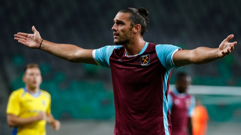 Andy Carroll of West Ham reacts during the UEFA Europa League third qualifying round first match between Domzale and West Ham.