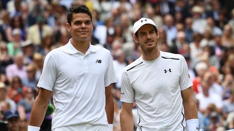 Milos Raonic and Andy Murray pose for pictures before the Wimbledon final
