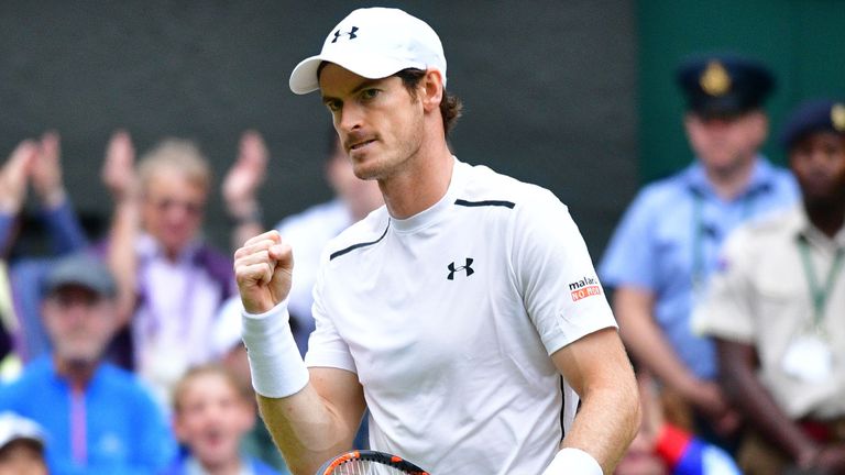 Andy Murray celebrates winning the first set v Nick Kyrgios in his Wimbledon last-16 match