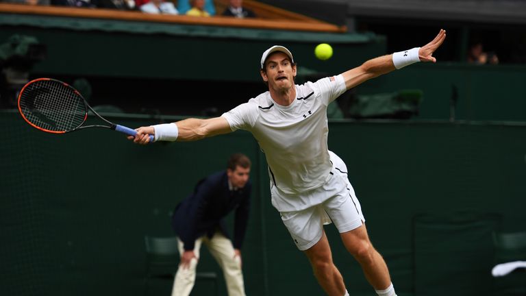 LONDON, ENGLAND - JULY 04:  Andy Murray of Great Britain plays a forehand during the Men's Singles fourth round match against Nick Kyrgios of Australia on 