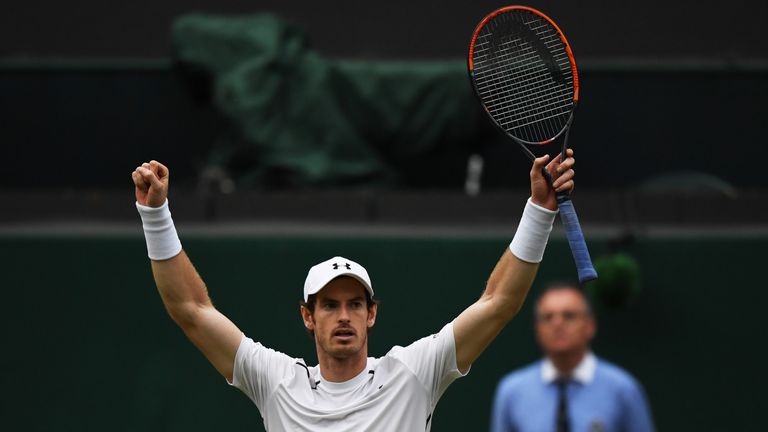 LONDON, ENGLAND - JULY 06:  Andy Murray of Great Britain celebrates victory during the Men's Singles Quarter Finals match against Jo-Wilfried Tsonga of Fra