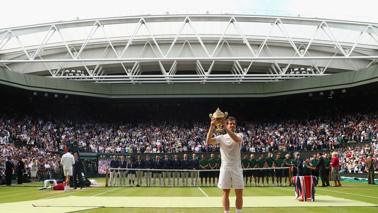 Andy Murray celebrates his second Wimbledon title
