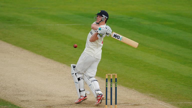 CARDIFF, WALES - SEPTEMBER 25:  Glamorgan batsman Aneurin Donald hits out during his half century on debut during day three of the  LV County Championship 