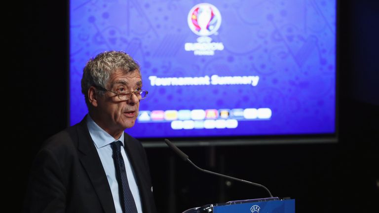 SAINT DENIS, FRANCE - JULY 08:  In this handout image provided by UEFA, UEFA Vice President Angel Maria Villar addresses the UEFA Euro 2016 closing press c