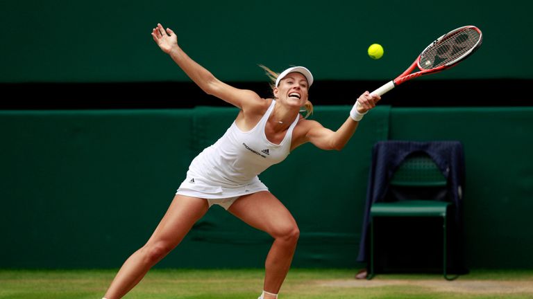 LONDON, ENGLAND - JULY 09:  Angelique Kerber of Germany plays a forehand during the Ladies Singles Final against Serena Williams of The United States on da