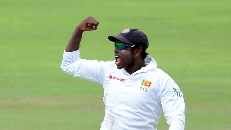 Sri Lankan captain Angelo Mathews celebrates victory in Pallekele