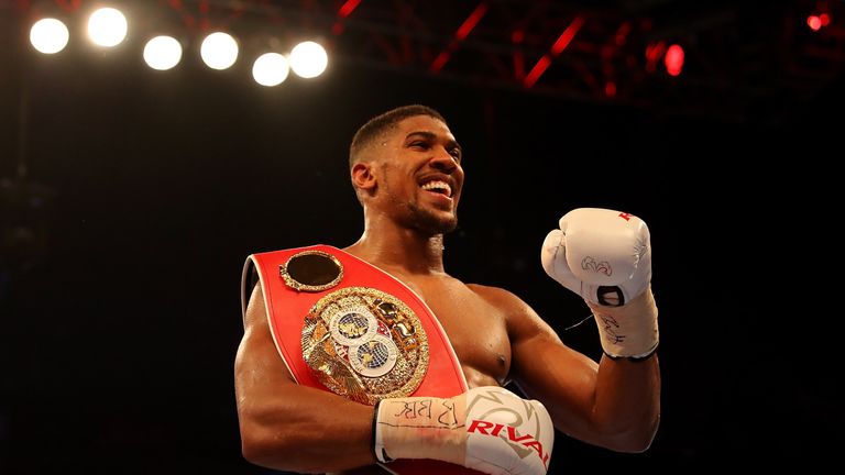 LONDON, ENGLAND - JUNE 25:  Anthony Joshua of Great Britain celebrates after defeating Dominic Breazeale of The USA during their IBF World Heavyweight Cham