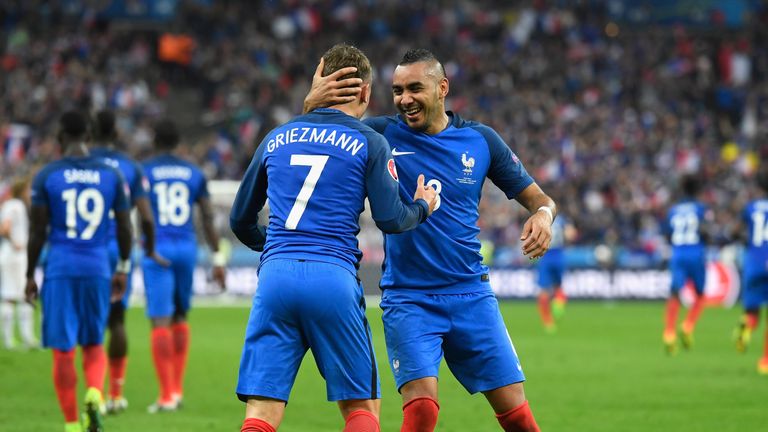 Antoine Griezmann (L) of France celebrates scoring his team's fourth goal with his team-mate Dimitri Payet (R) during the UEFA EURO 2016 clash v Iceland