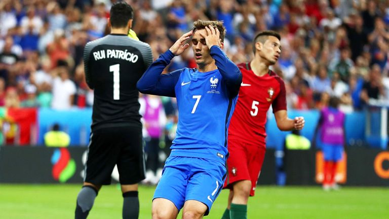 France forward Antoine Griezmann is frustrated after missing a chance against Portugal