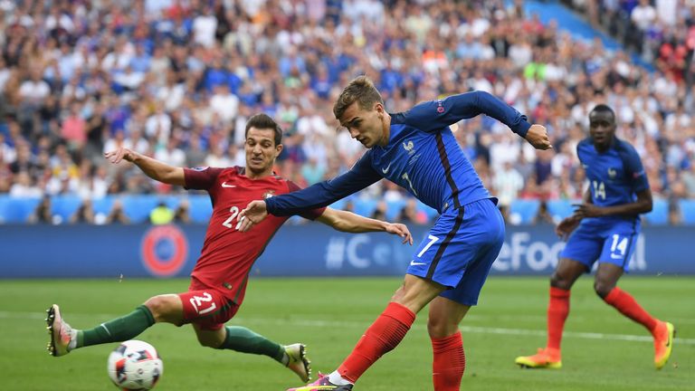 Antoine Griezmann of France shoots at goal during the Euro 2016 final between Portugal and France at Stade de France
