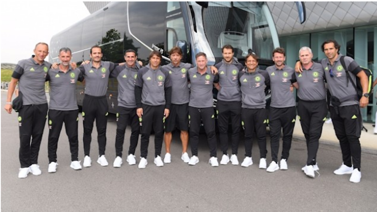 Antonio Conte (fifth from left) has assembled his backroom team (pic from @ChelseaFC)