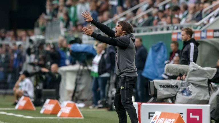 Chelsea head coach Antonio Conte gestures during a friendly match between Rapid Vienna and Chelsea