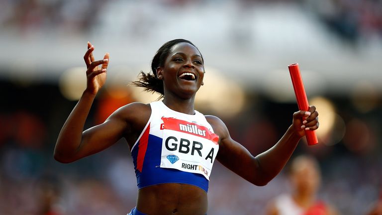 Asha Philip celebrates after Great Britain produced a fine display in the 4x100m relay