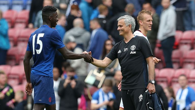 Jose Mourinho congratulates Axel Tuanzebe after the match