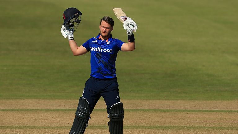 CHELTENHAM, ENGLAND - JULY 19:  Ben Duckett of England celebrates reaching his century during the Triangular Series match between England Lions and Pakista