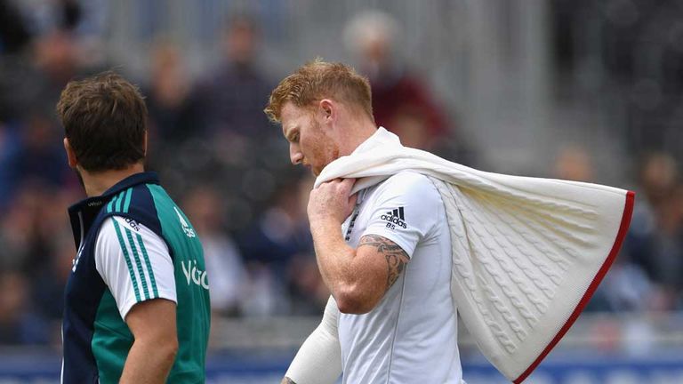 England bowler Ben Stokes leaves the field with an injury during day four of the 2nd Investec Test match between England and Pakistan