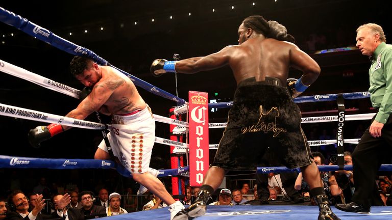 LOS ANGELES, CA - MAY 10:  Bermane Stiverne knocks down Chris Arreola fir the second time in the sixth round of their WBC Heavyweight Championship match at