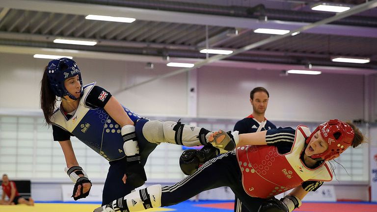 MANCHESTER, ENGLAND - JUNE 22:  Bianca Walkden (L) trains during the announcement of taekwondo athletes named in Team GB for the Rio 2016 Olympic Games at 