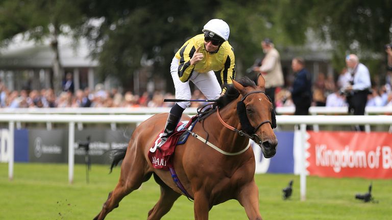 James McDonald celebrates success in the Princess Of Wales's Stakes at Newmarket aboard Big Orange.