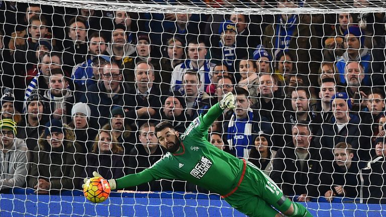 West Bromwich Albion's US-born Welsh goalkeeper Boaz Myhill makes a save during the English Premier League football match between Chelsea and West Bromwich