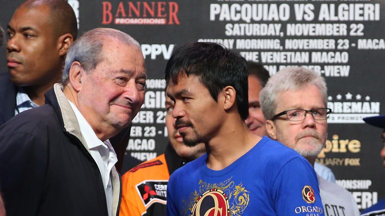 MACAU - NOVEMBER 22:  Top Rank Founder and CEO Bob Arum, Manny Pacquiao and trainer Freddie Roach talk during the official weigh in at The Venetian on Nove