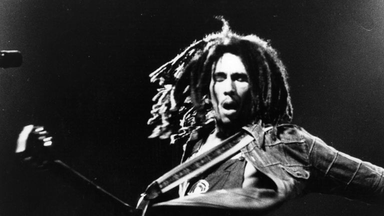 Bob Marley (1945 - 1981) the Jamaican born singer, guitarist and composer in concert.