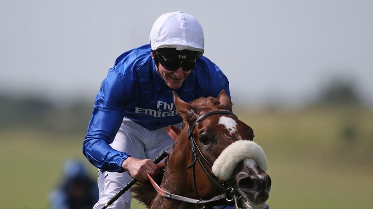 Adam Kirby riding Boynton to victory in the bet365 Superlative Stakes at Newmarket