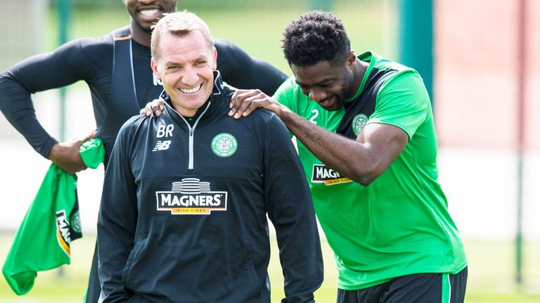Celtic boss Brendan Rodgers and Kolo Toure share a laugh in training