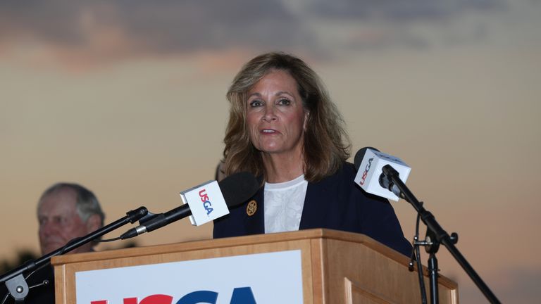 OAKMONT, PA - JUNE 19:  USGA president Diana Murphy speaks at the prize-giving after the final round of the U.S. Open at Oakmont Country Club on June 19, 2