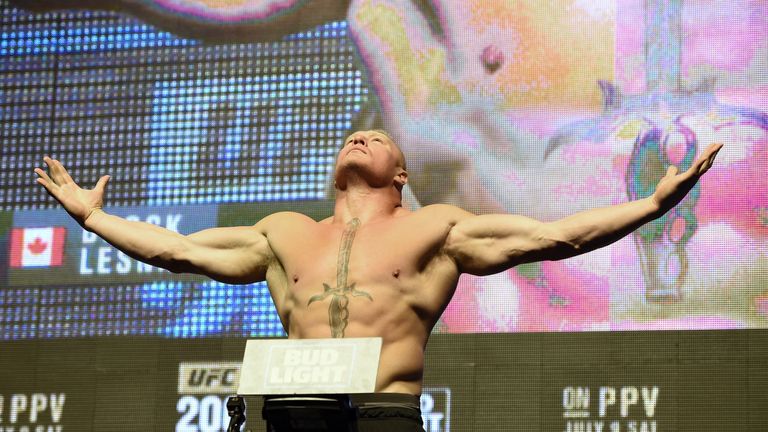 LAS VEGAS, NV - JULY 08:  Mixed martial artist Brock Lesnar poses on the scale during his weigh-in for UFC 200 at T-Mobile Arena on July 8, 2016 in Las Veg
