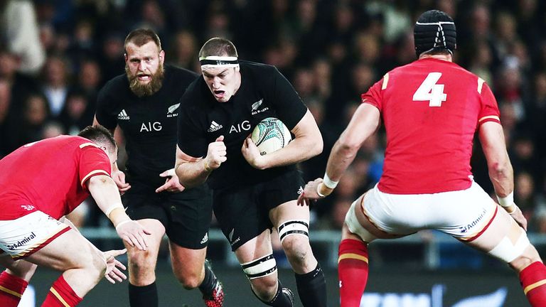 Brodie Retallick of New Zealand runs at the Wales derfence in the recent Test