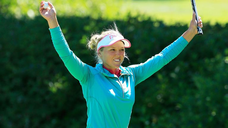 Brooke Henderson celebrates her LPGA Portland Classic win