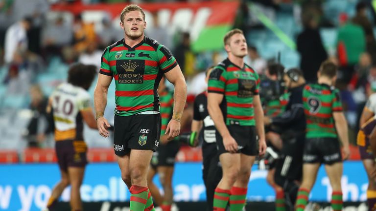 Tom Burgess of the Rabbitohs looks dejected after defeat during the round 19 NRL match against the Broncos