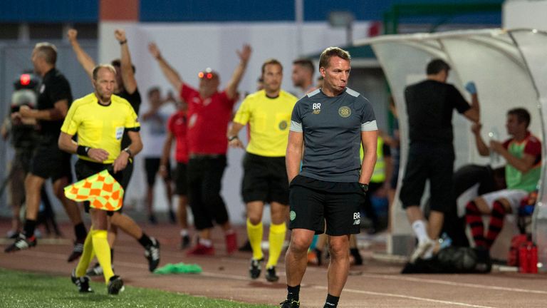 12/07/16 CHAMPIONS LEAGUE QUALIFYING ROUND TWO 1ST LEG . LINCOLN RED IMPS v CELTIC (1-0) . VICTORIA STADIUM - GIBRALTAR . Celtic manager Brendan Rodgers