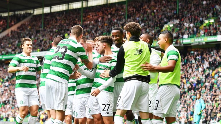 Celtic players celebrate with Patrick Roberts (27) after his goal against Lincoln Red Imps