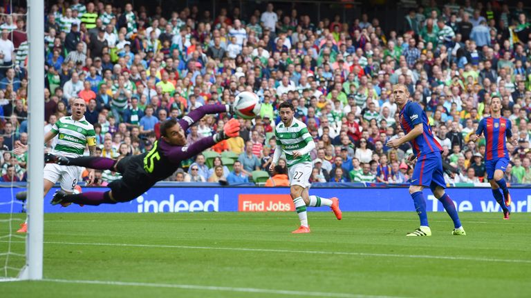 Celtic's Patrick Roberts takes a shot v Barcelona, International Champions Cup, Aviva Stadium, Dublin